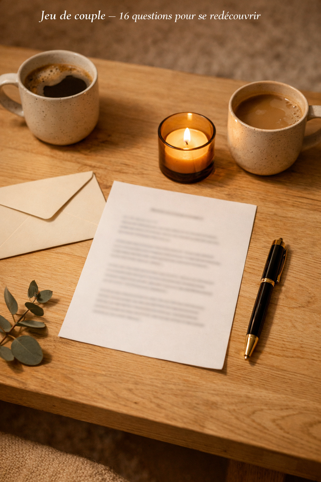 Feuille imprimée posée sur une table avec bougie, tasses et stylo, mise en scène d’un jeu de conversation pour couples à faire à la maison.