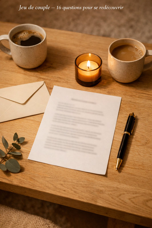 Feuille imprimée posée sur une table avec bougie, tasses et stylo, mise en scène d’un jeu de conversation pour couples à faire à la maison.