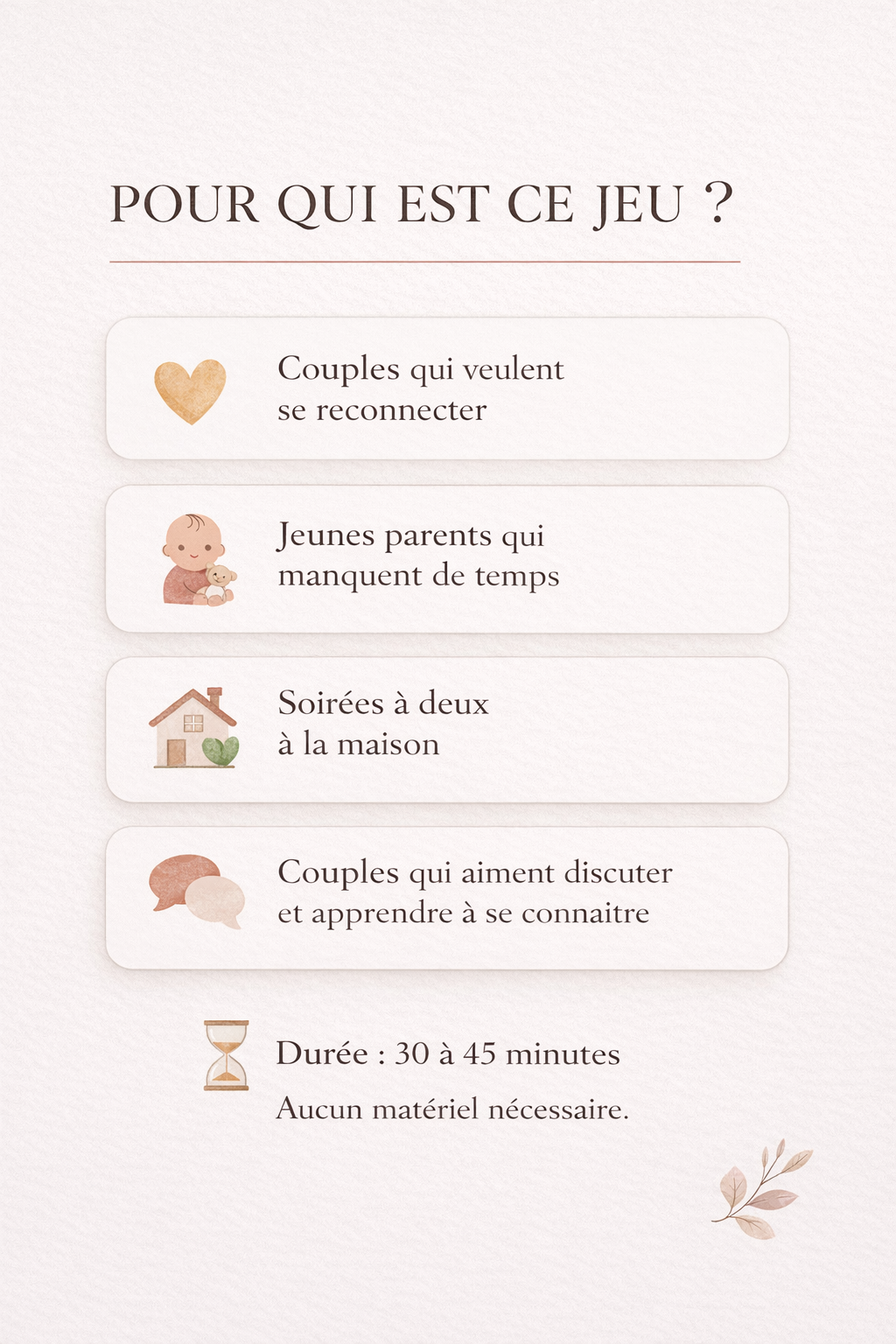 Infographie présentant un jeu de conversation pour couples idéal pour les soirées à deux, les jeunes parents et les couples qui veulent se reconnecter.