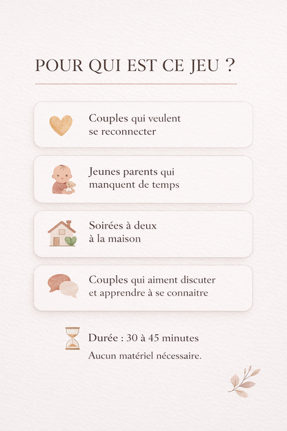 Infographie présentant un jeu de conversation pour couples idéal pour les soirées à deux, les jeunes parents et les couples qui veulent se reconnecter.