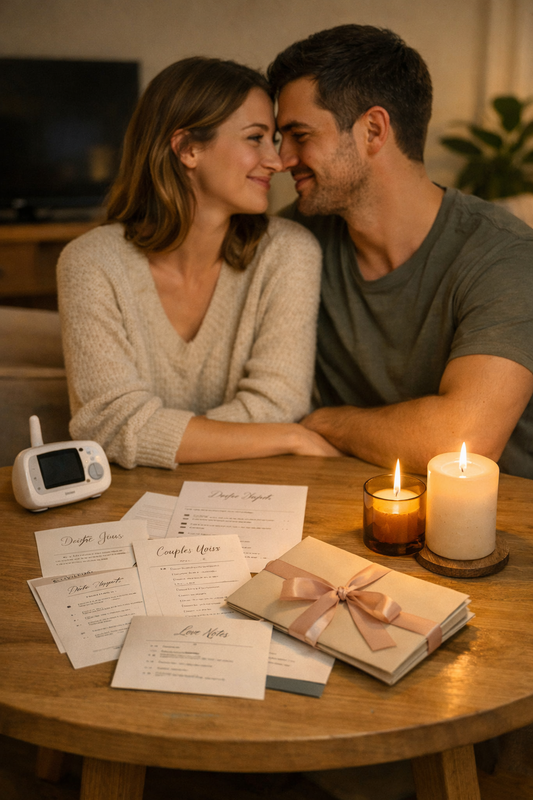 Jeunes parents complices autour d’un pack de jeux de soirée en amoureux sur table en bois, bougies, tasses et babyphone dans un salon cosy de nuit.