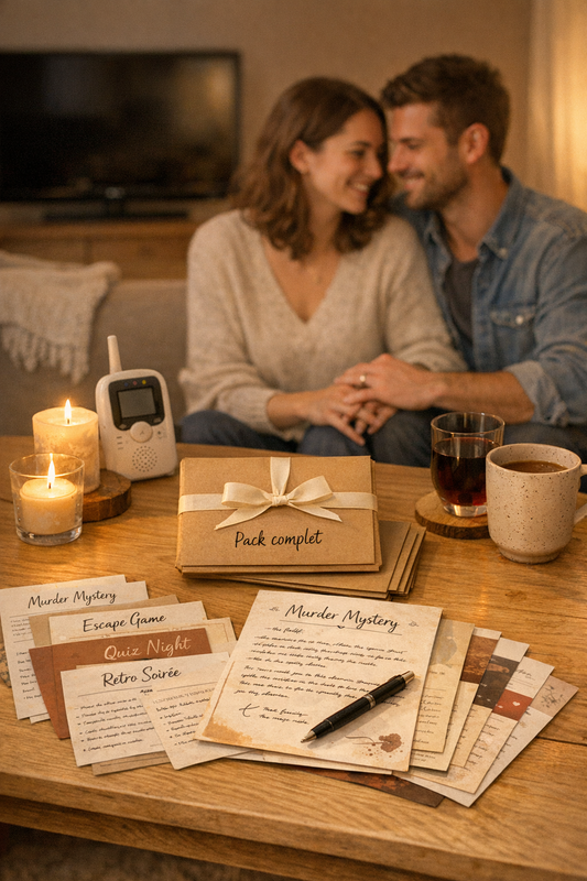 Couple de jeunes parents souriant et complice assis sur un canapé dans un salon cosy le soir, avec sur une table en bois un pack de jeux et templates imprimés pour soirée en amoureux, enveloppe kraft, bougies allumées, tasses, stylo et babyphone, ambiance chaleureuse et intime après le coucher de bébé.