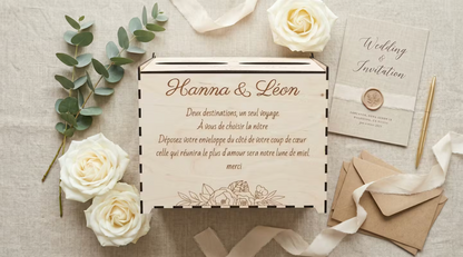 urne  urne en bois personnalisée pour le mariage d'Hanna & Léon avec un message personnalisé gravé dessus "deux destinations, un seul voyage. a vous de choisir la nôtre. déposez votre enveloppe du côté de votre coup de coeur, celle qui réunira le plus d'amour sera notre lune de miel. merci", urne posée à plat sur une table en lin, prêt de 3 roses, de branches d'eucalyptus, d'enveloppes en Craft et d'une invitation à un mariage 